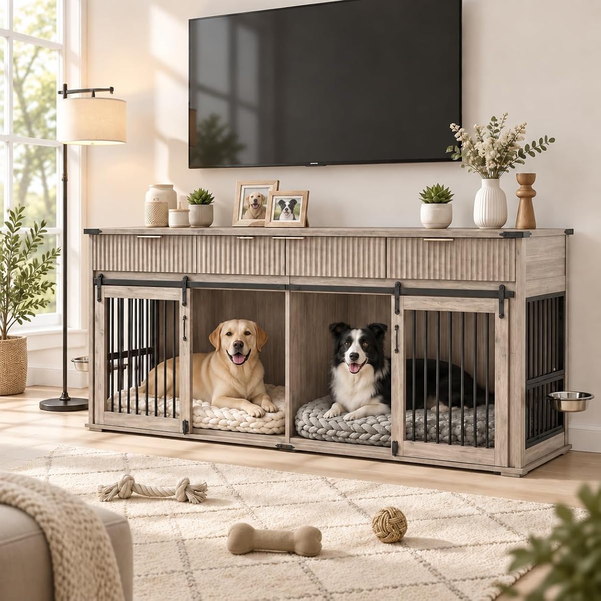 71" Double Dog Crate Furniture, Gray Oak Furniture Crate with Divider