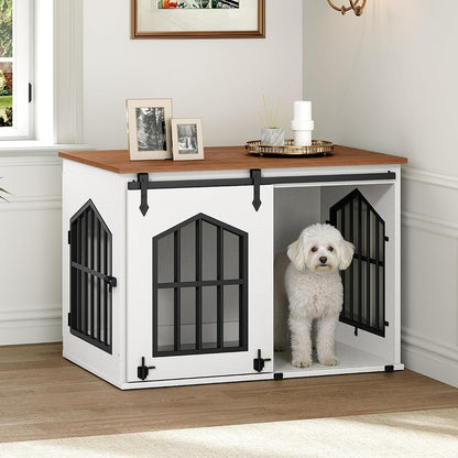 Dog Crate Furniture, 31.5" Farmhouse Dog Kennel with Sliding Barn Door