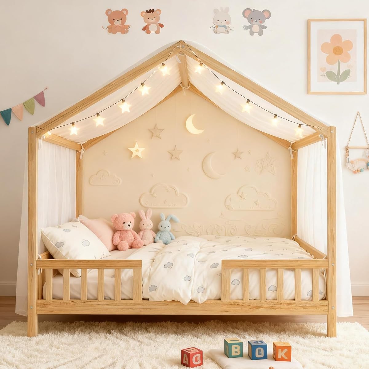 Full Size Montessori Toddler Floor Bed with Canopy and Roof