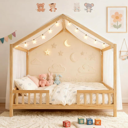 Full Size Montessori Toddler Floor Bed with Canopy and Roof