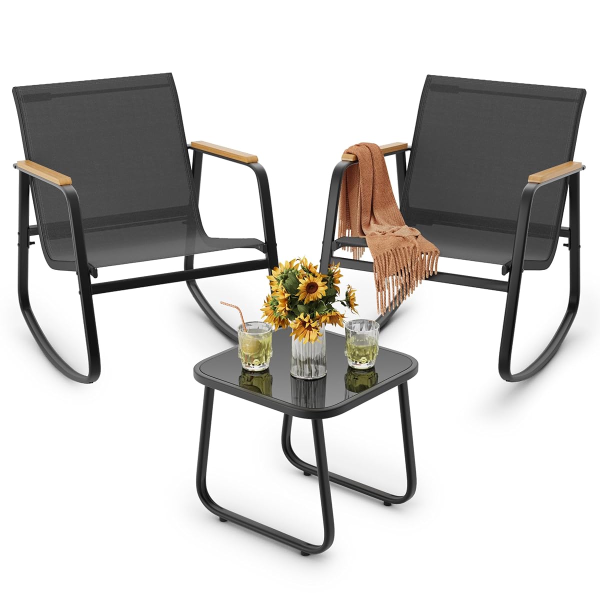 3 Pieces Patio Furniture Set Textilene Fabric Outdoor Patio Rocking Bistro Set with Wooden Armrests and Coffee Table for Lawn, Porch, Balcony, Poolside, Black