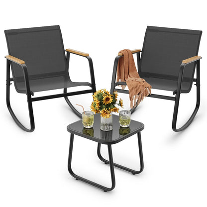 3 Pieces Patio Furniture Set Textilene Fabric Outdoor Patio Rocking Bistro Set with Wooden Armrests and Coffee Table for Lawn, Porch, Balcony, Poolside, Black