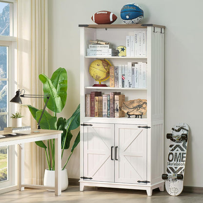 5 Tier Bookshelf 70in Tall Bookcase with Barn Doors and Storage Cabinet
