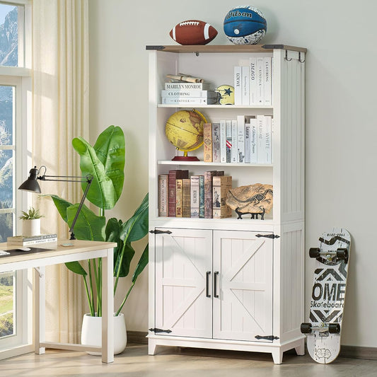 5 Tier Bookshelf 70in Tall Bookcase with Barn Doors and Storage Cabinet