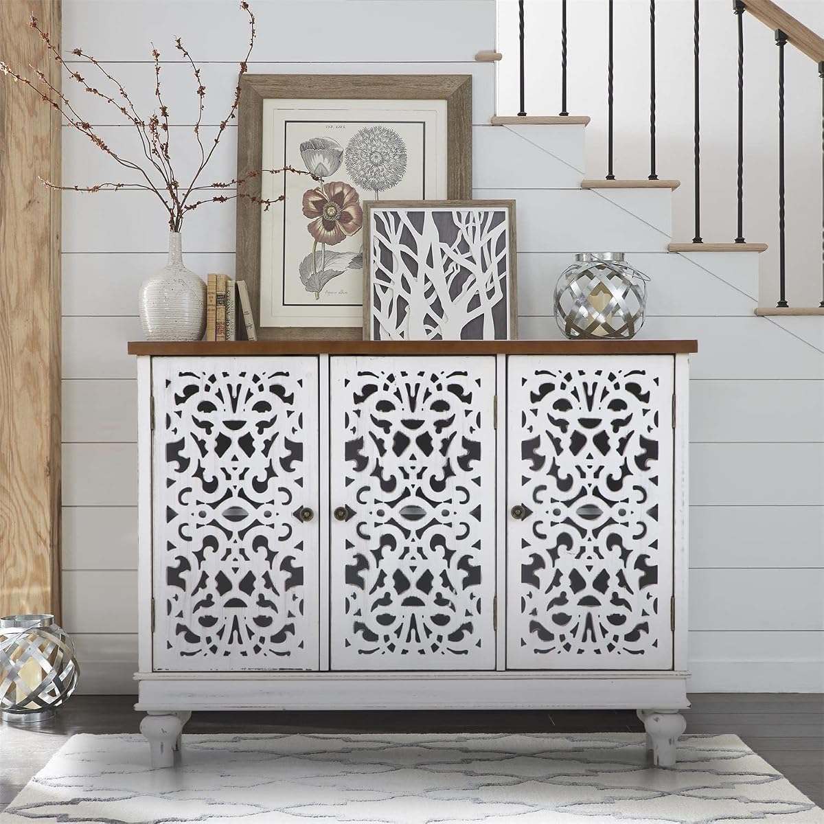 Sideboard and Buffet with Storage, 3-Door Hollow-Carved Accent Cabinet, Distressed Wood Storage Cabinet Cupboard for Kitchen, Dining Room, Living Room, Entryway, White