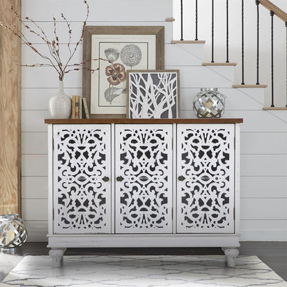 Sideboard and Buffet with Storage, 3-Door Hollow-Carved Accent Cabinet, Distressed Wood Storage Cabinet Cupboard for Kitchen, Dining Room, Living Room, Entryway, White