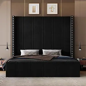 Queen Bed Frame with 65.75" Tall Headboard, Black, view 2