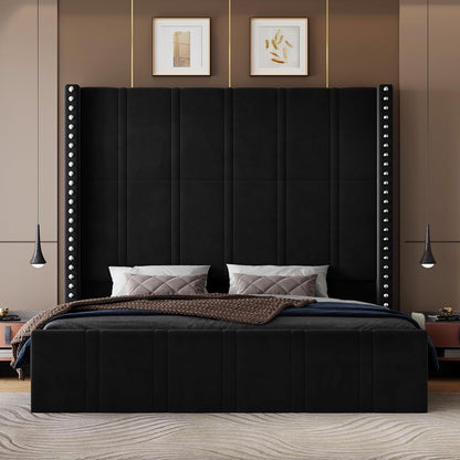 Queen Bed Frame with 65.75" Tall Headboard, Black