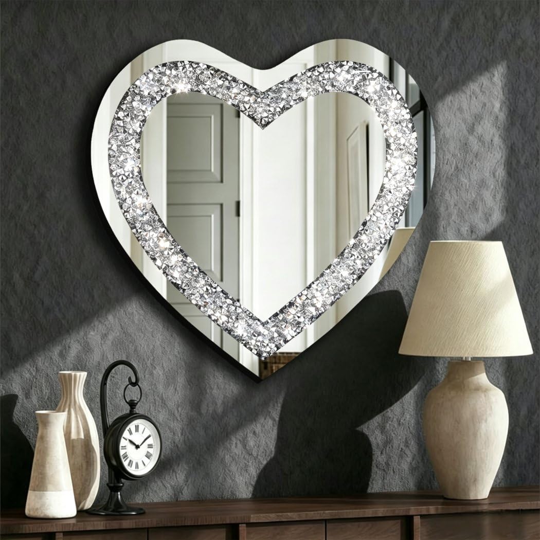 Crystal Crush Diamond Heart Shaped Silver Mirror for Wall Decoration 24x24x1 inch Wall Hang Frameless Mirror Acrylic Diamond Décor.