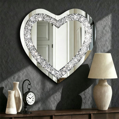 Crystal Crush Diamond Heart Shaped Silver Mirror for Wall Decoration 24x24x1 inch Wall Hang Frameless Mirror Acrylic Diamond Décor.