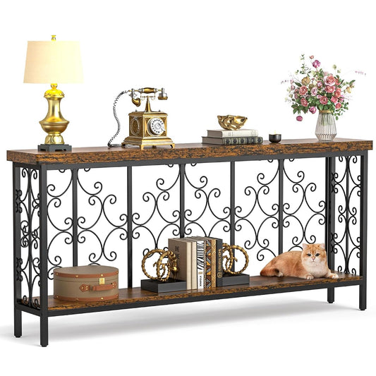 70.9" Extra Long Console Table, Industrial Narrow Sofa Table Behind Couch with 2 Tier Storage Shelf, Entryway Hallway Accent Table for Living Room, Foyer, Rustic Brown
