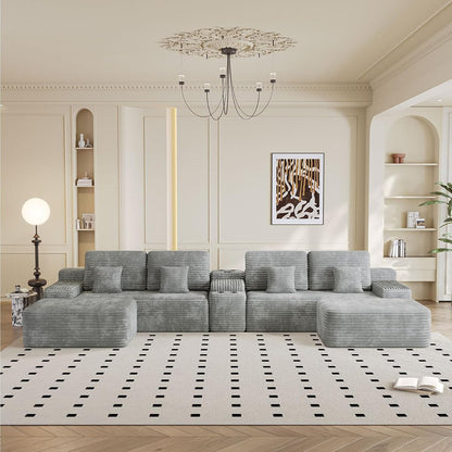 150" U-Shaped Oversized Corduroy Modular Sectional Sofa with 2 Ottomans and Multi Functional Console, 6-Seater Upholstered Couch with USB and 2 Cup Holder, Easy Assembly, for Living Room, Grey