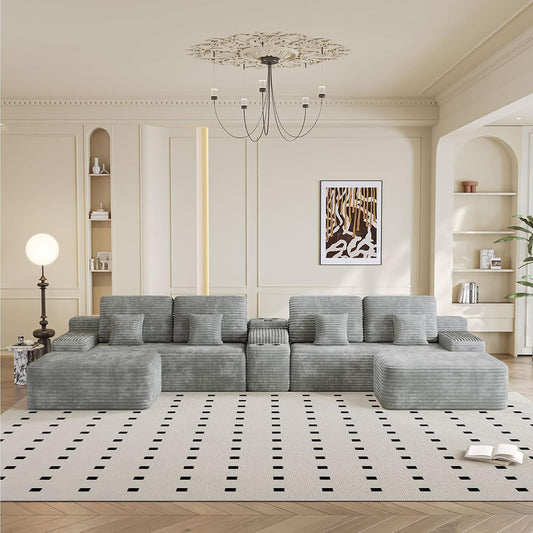 150" U-Shaped Oversized Corduroy Modular Sectional Sofa with 2 Ottomans and Multi Functional Console, 6-Seater Upholstered Couch with USB and 2 Cup Holder, Easy Assembly, for Living Room, Grey