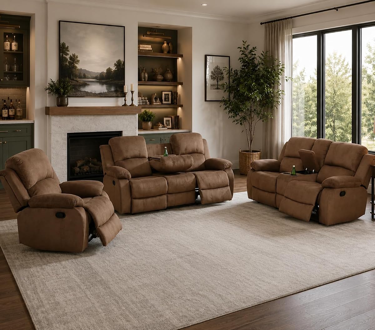 3 Piece Manual Recliner Sofa Set, Microfiber Sofa Set for Living Room