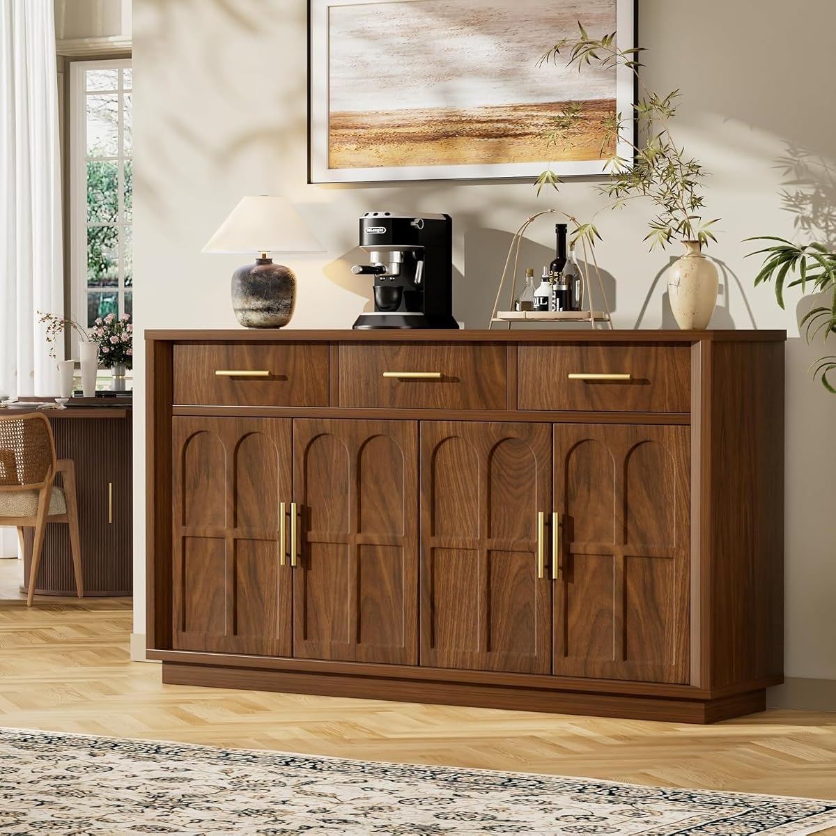59" Sideboard Buffet Cabinet, 3 Drawers, 4 Doors, Walnut