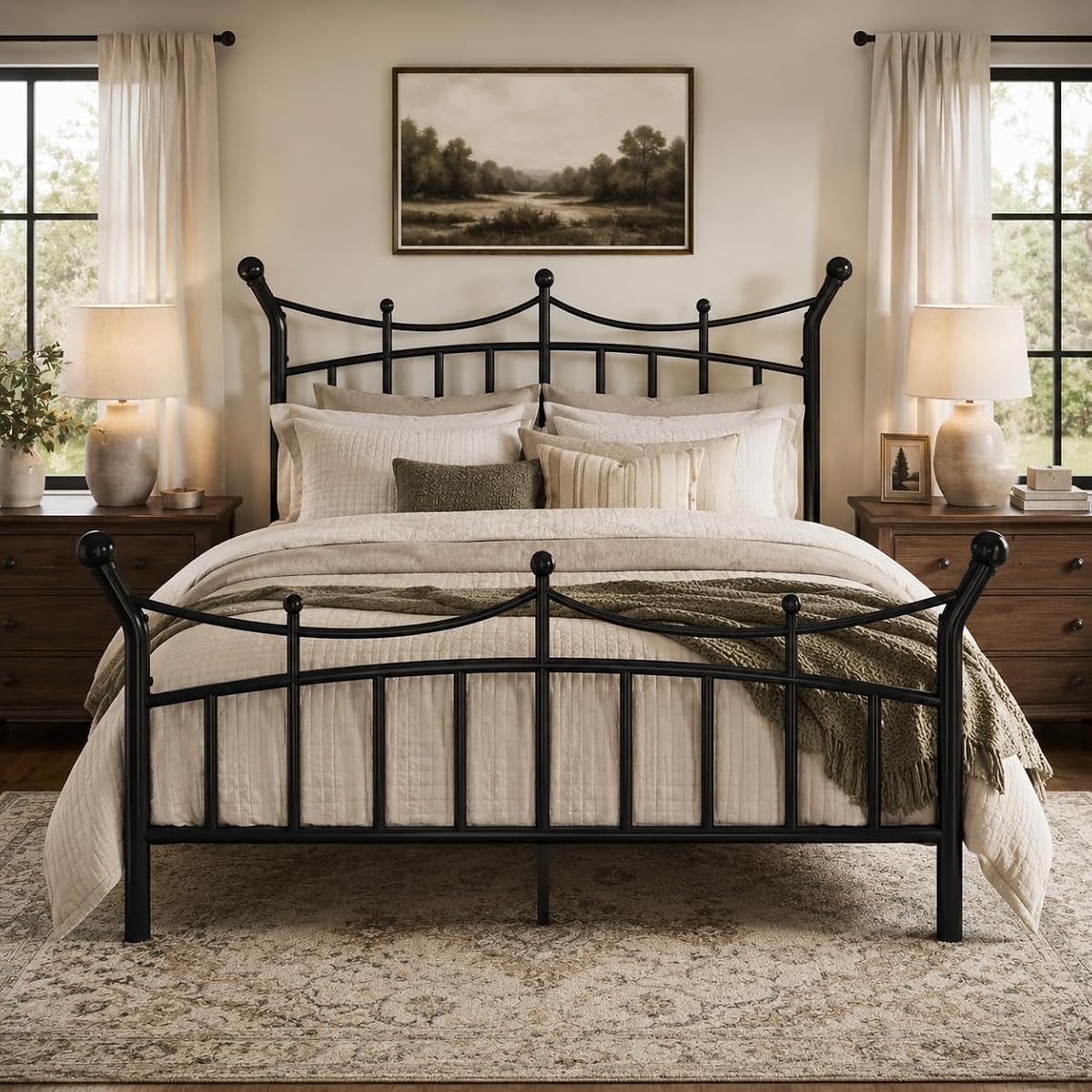 Full Size Metal Bed Frame, Victorian Crown Style, Black