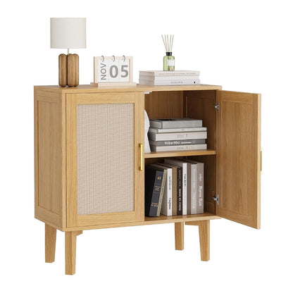 32.2" Rattan Sideboard Cabinet | Modern Accent Storage Cabinet with Adjustable Shelf and Solid Wood Legs for Kitchen, Living Room, Entryway, Natural Oak