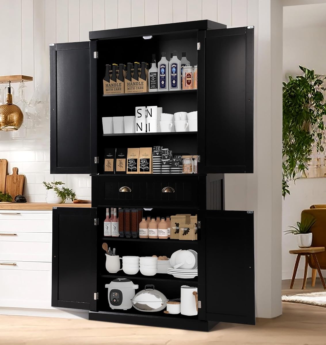 Tall Black Kitchen Storage Cabinet with Adjustable Shelves