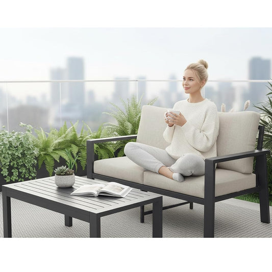 Aluminum Outdoor Loveseat with Coffee Table Small Furniture Patio Love Seat Couch Outdoor Chairs with 4" Cushion Loveseats Sofa for Poolside,Balcony,Deck,Yard