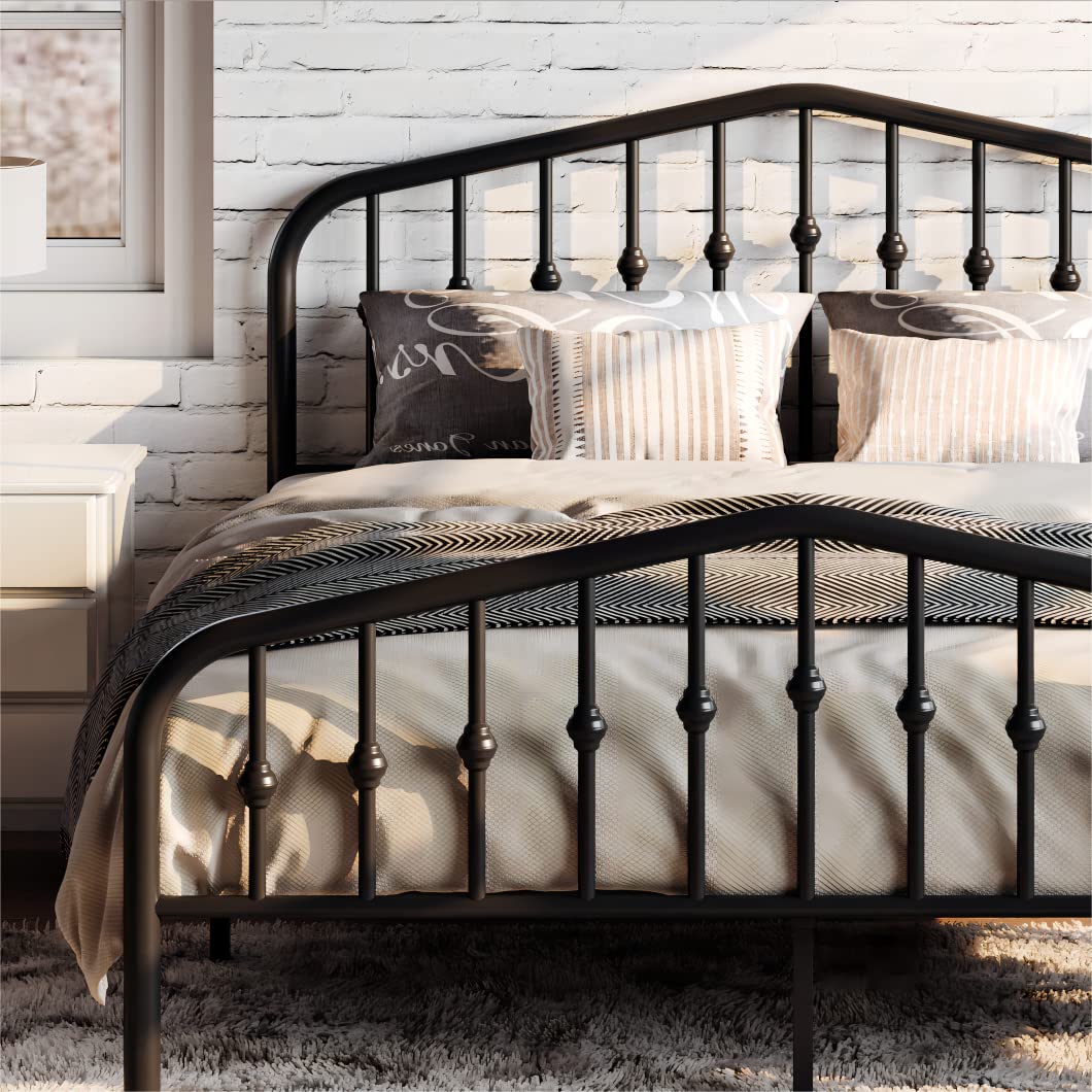 Full Size Metal Bed Frame with Wrought Iron-Art Headboard, Black
