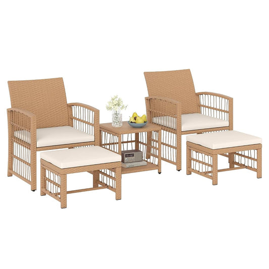 5 Pieces Patio Wicker Conversation Set, Outdoor Furniture Set with 2 Armchairs, 2 Ottomans & 2-Tier Side Table, Outside Rattan Cushioned Sofa Set for Deck, Backyard, Porch or Poolside