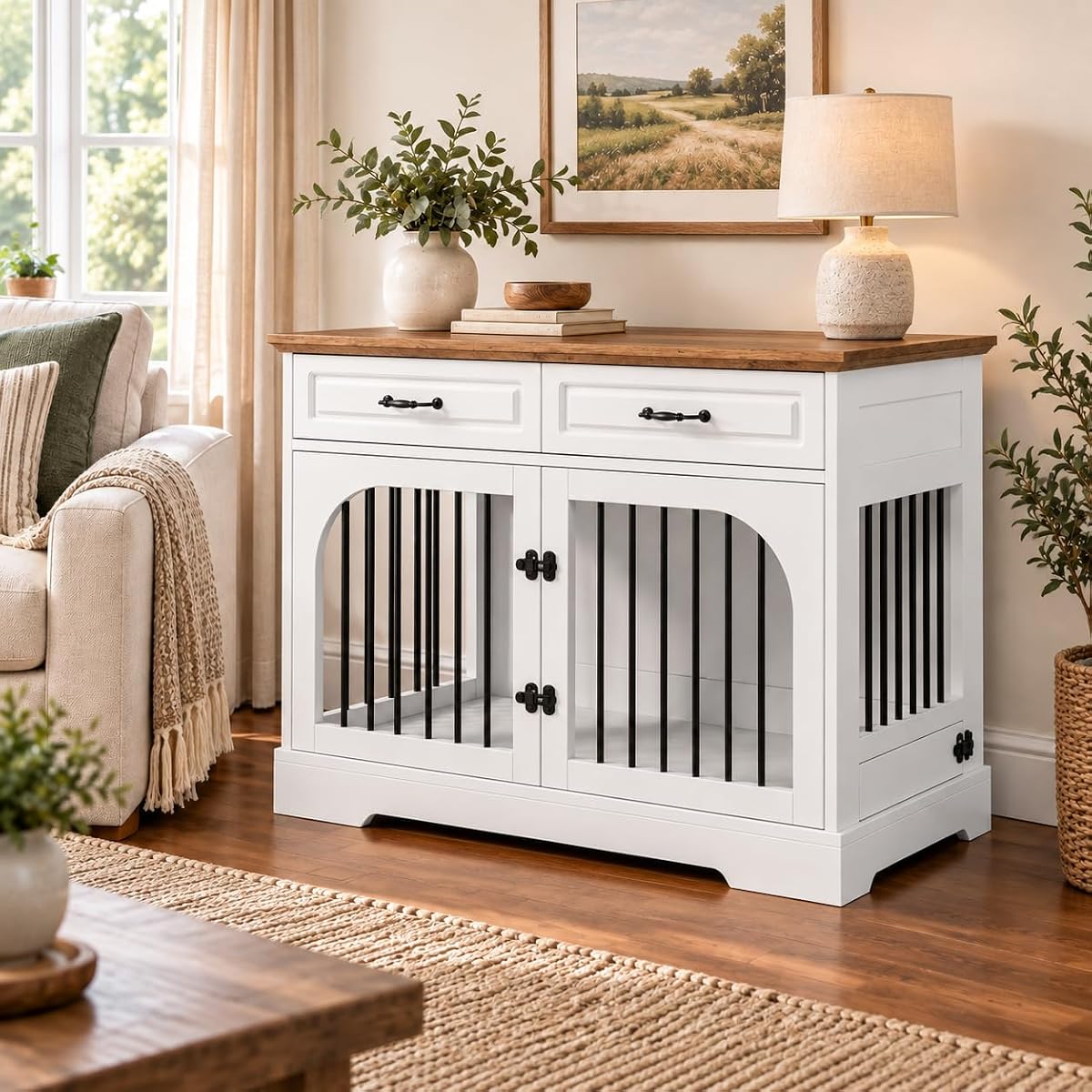 43.3" Dog Crate Furniture with Rotating Bowl for Large Medium Dogs