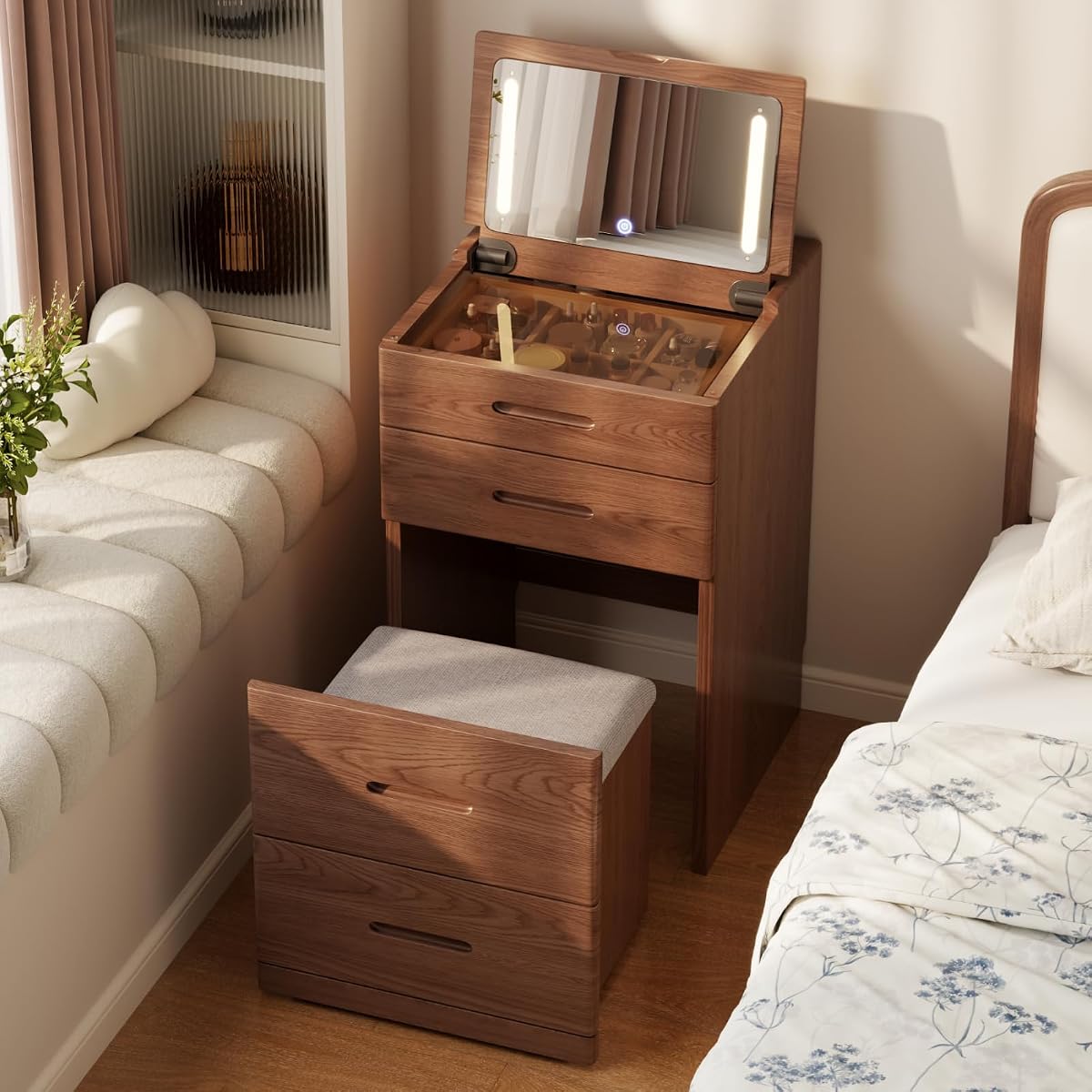 Solid Wood Small Makeup Vanity with Chair, Fully Assembled, Walnut