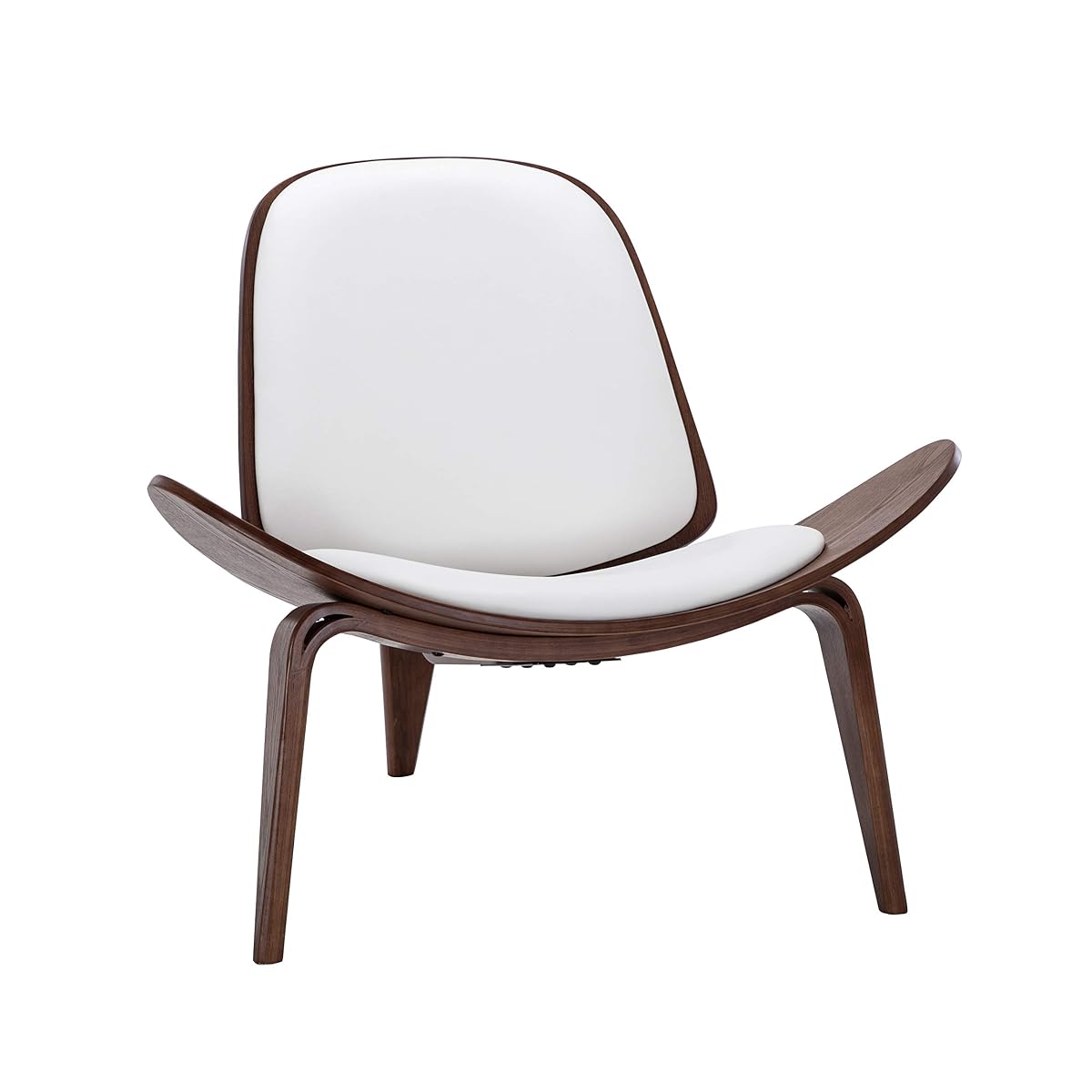 Mid-Century Modern Shell Side Accent Tripod Plywood Lounge Chair Walnut Upholstered Faux Leather, White
