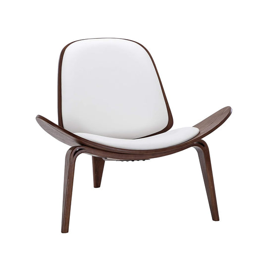 Mid-Century Modern Shell Side Accent Tripod Plywood Lounge Chair Walnut Upholstered Faux Leather, White