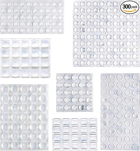 Cabinet Door Bumpers, Clear Self Adhesive Pads for Surface Protection, Noise Reduction and Sound Dampening, Rubber Stoppers for Drawers and Cupboards, 300-Piece, 6.9 x 4.5 x 0.6 inch