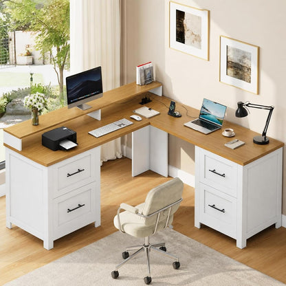 63" Wide L Shaped Executive Desk with 4 Drawers and Charging Station