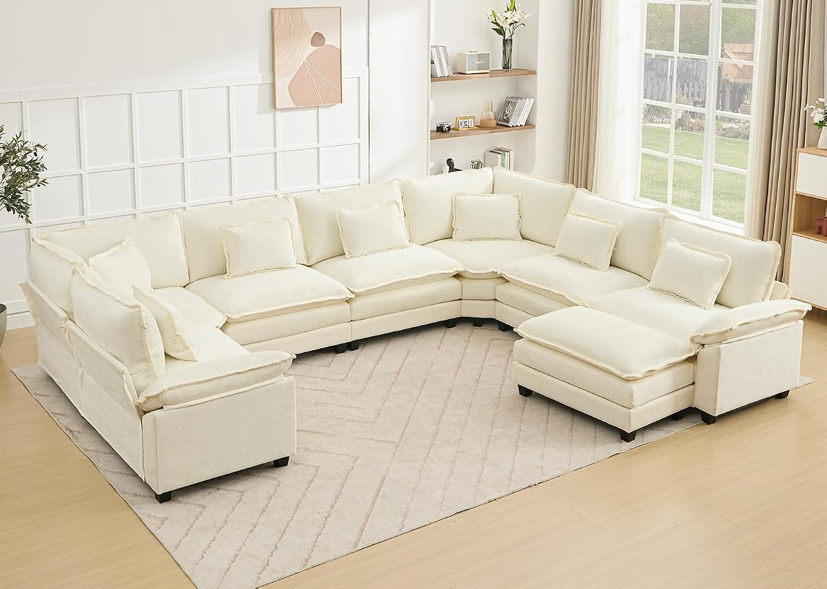 Oversized Modular Sectional Sofa Set, Convertible Deep Seat Cloud Couch with Ottoman, Large U Shaped Corner Couch with Throw Pillows for Living Room (Beige, 8 Seater)