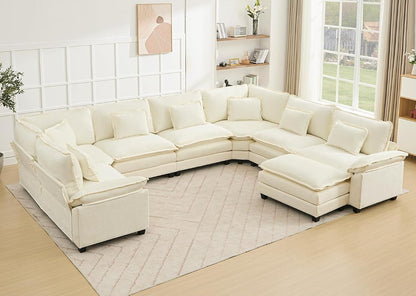 Oversized Modular Sectional Sofa Set, Convertible Deep Seat Cloud Couch with Ottoman, Large U Shaped Corner Couch with Throw Pillows for Living Room (Beige, 8 Seater)