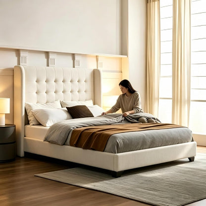Queen Carmen Wingback Platform Bed 54" High Ivory Canvas Upholstered Headboard