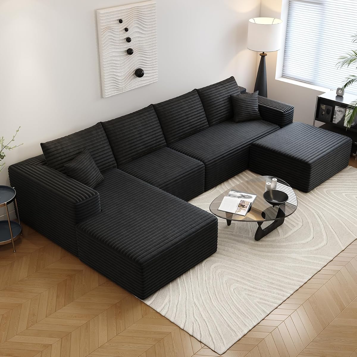 135.4" Cloud Sectional Couch with 1 Ottoman,Modern Modular Sofa with Deep Seat, Comfort U Shaped Sofa Couches for Living Room Bedroom Apartments,No Assembly Required, (Black,Left Facing Chaise)