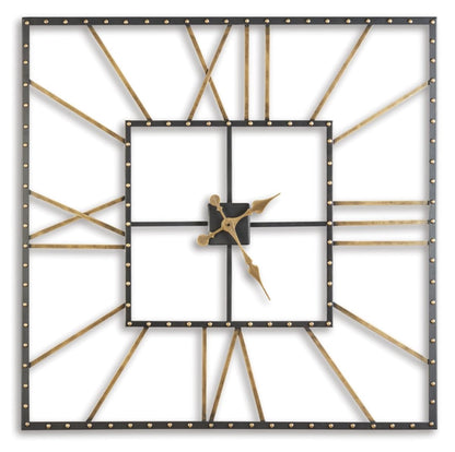 Signature Design by Ashley Thames Modern 40" Square Metal Roman Numeral Wall Clock, Black & Gold