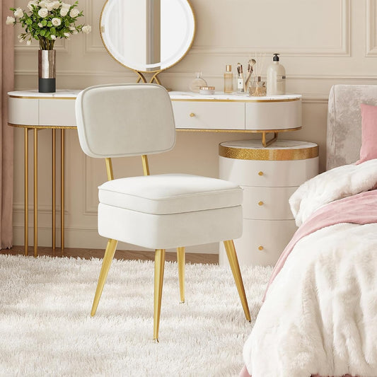 MALOL Velvet Vanity Makeup Chair with Storage and Back, Cute Vanity Stool Desk Chair No Wheels Ottoman for Dressing Bedroom Closet, Adjustable Golden Metal Legs, Beige