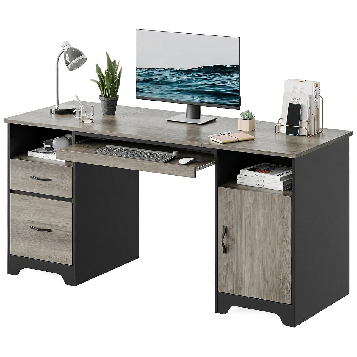59" Executive Desk, File Drawer, Keyboard Tray & 2 Drawers, Gray