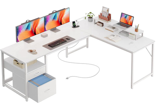 63 Inch L Shaped Desk with Power Outlets and USB-C Port
