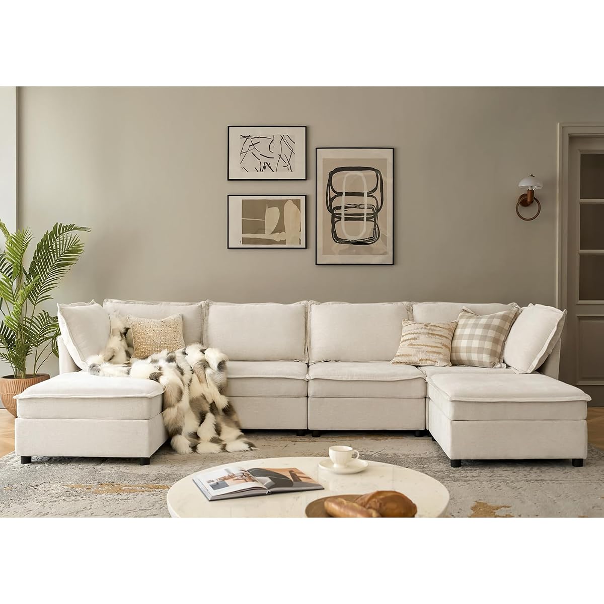 127'' Modular Sectional Sofa, Oversized U Shaped Couch with Storage Ottoman, Comfy Chenille Sofa with Deep Seat, 6 Seat Convertible Couches for Living Room, Beige