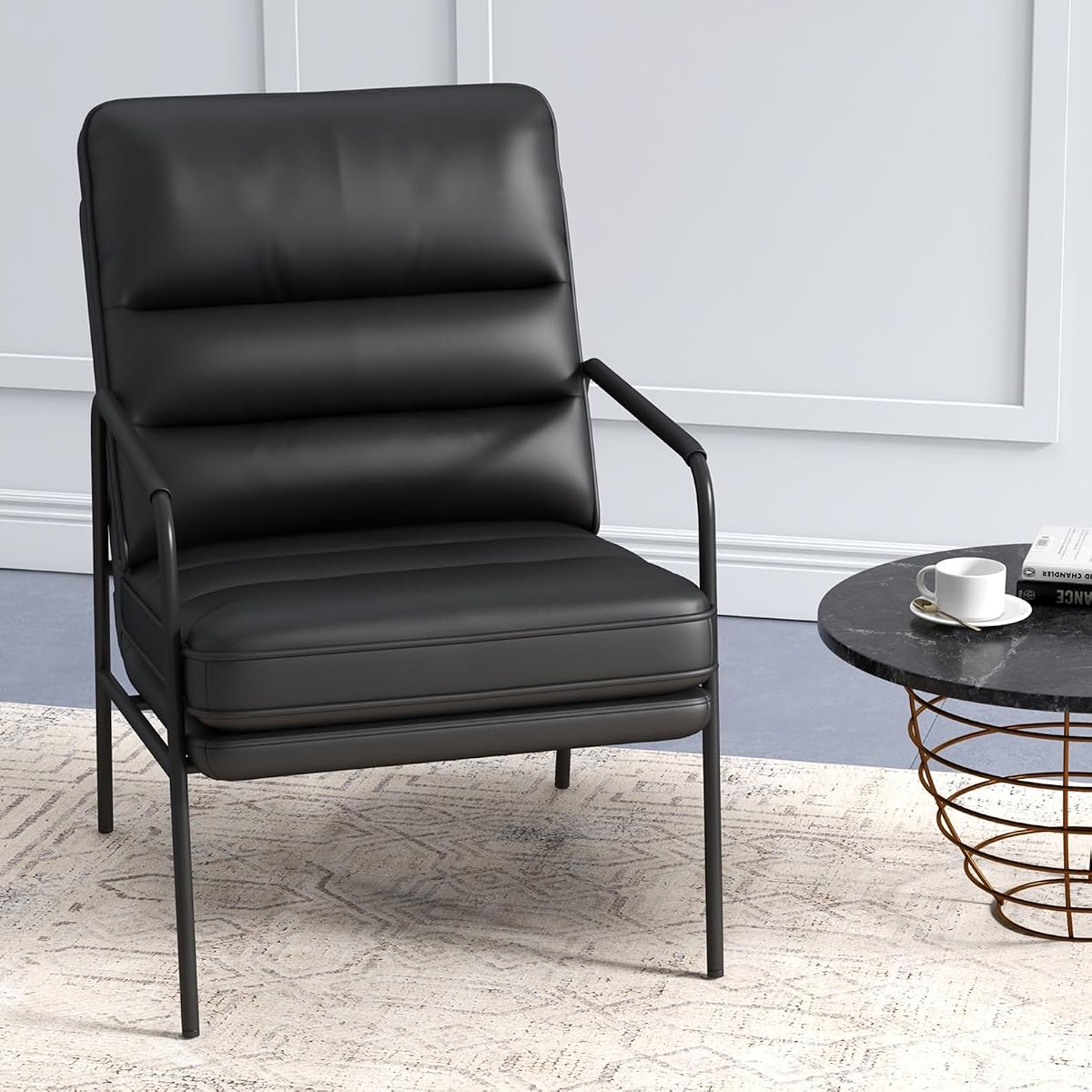 Modern Accent Chair, PU Leather High Back Armchair with Metal Frame, Comfy and Supportive Reading Chair for Living Room, Bedroom, or Office, Black