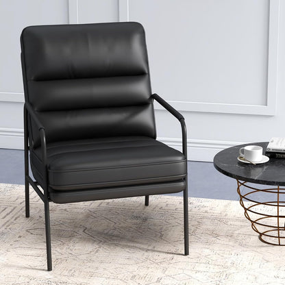 Modern Accent Chair, PU Leather High Back Armchair with Metal Frame, Comfy and Supportive Reading Chair for Living Room, Bedroom, or Office, Black