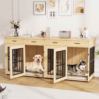 87"Dog Crate Furniture for 2 Dogs, Double Dog Cage Furniture,Natural