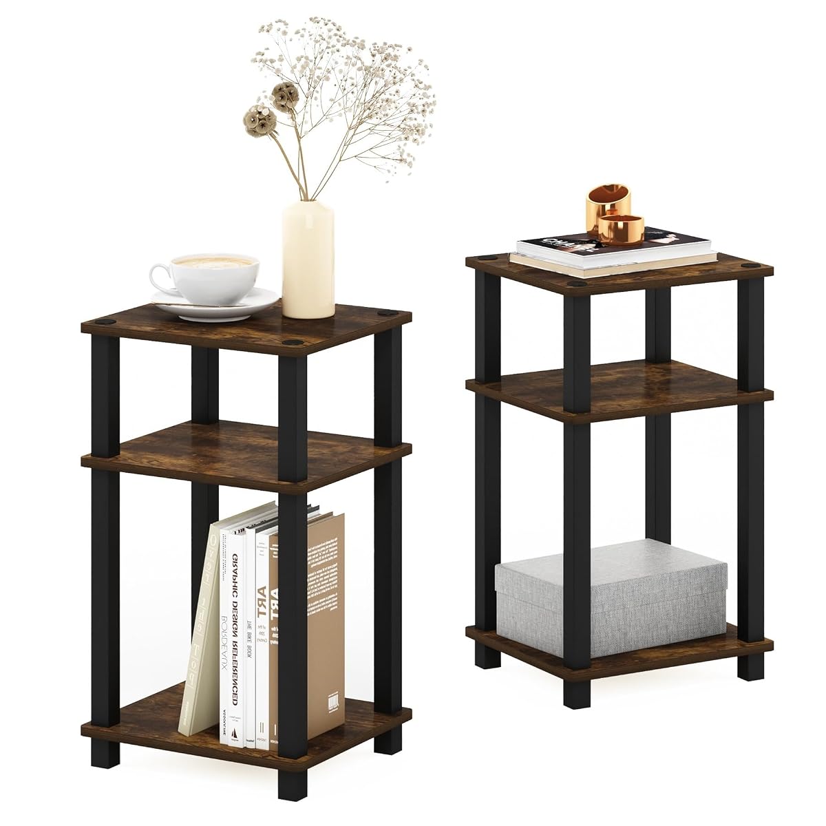 JUST Side Table Set of 2, 3-Tier Open Shelf End Table, Toolless Assembly Night Stand, Bedside Table with Square Tube, for Living Room, Bedroom, Amber Pine