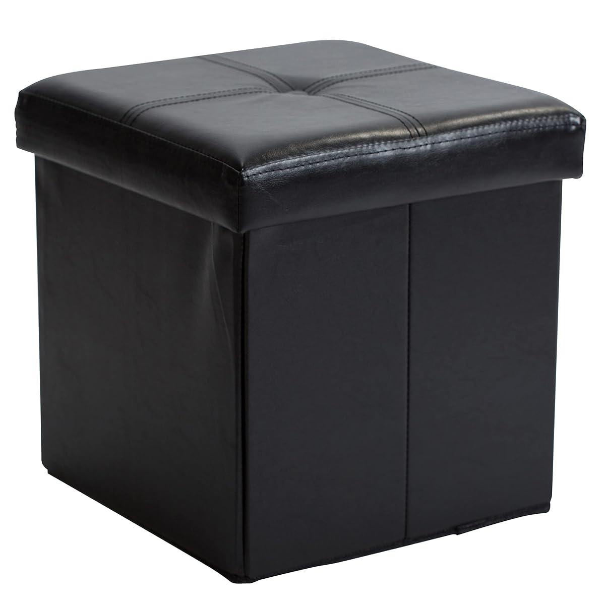 Faux Leather Folding Storage Ottoman | Single | Collapsible | Tufted Padded Seating | Foot Rest | Bench | Toy Box | Black