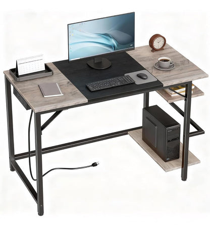 Small Computer Desk, Home Office Desk with Power Outlet, Writing Desk with 2 Shelves, Modern Small Desk for Home Office, Study, Easy to Assemble, Charcoal Gray and Black BG43UDN01