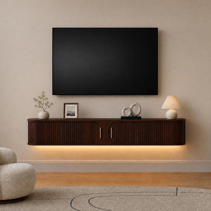Floating TV Stand with LED Light, Wall Mounted Media Console with Sliding Doors