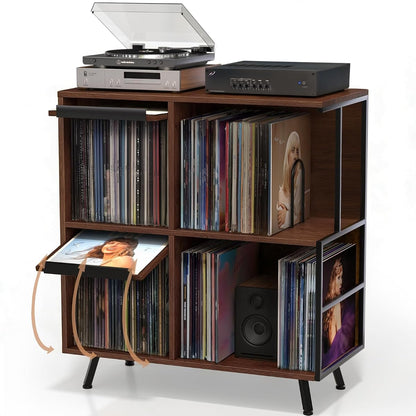3 Tier Record Player Stand with Flip-Down Record Shelf, Walnut