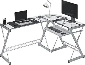 L Shaped Desk with Keyboard Tray & Tempered Glass Desktop, view 2