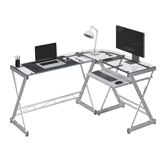 L Shaped Desk with Keyboard Tray & Tempered Glass Desktop